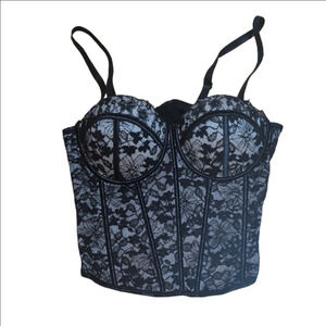 Black Floral Lace Corset Bustier Top Size L Padded Boning